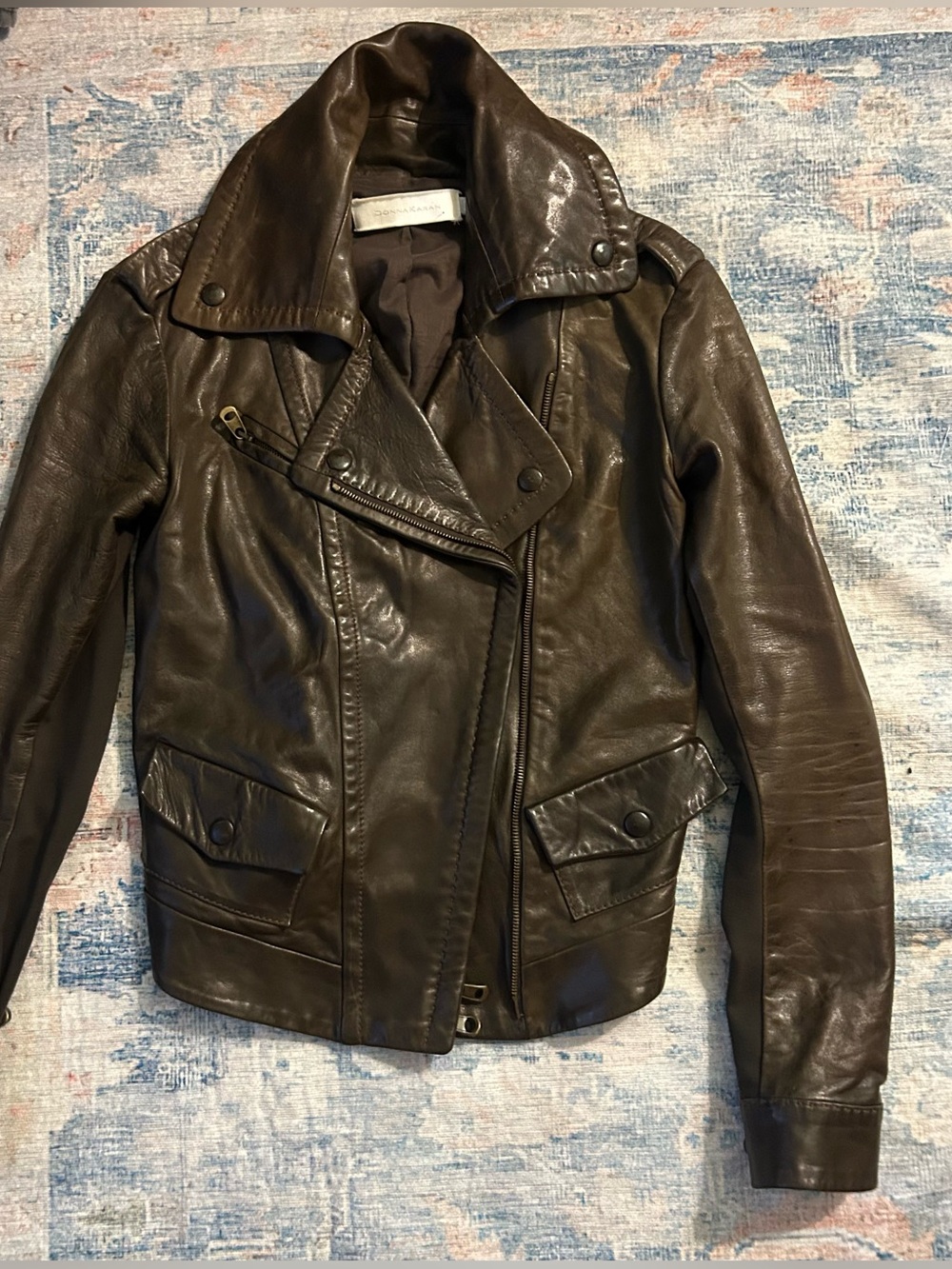Stunning Lambskin Donna Karan Dark Brown Leather Moto Jacket